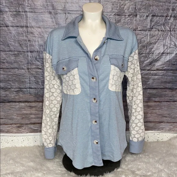 Hem & Thread Light Blue Button-Down Shirt Lace Accents - Picture 7 of 11